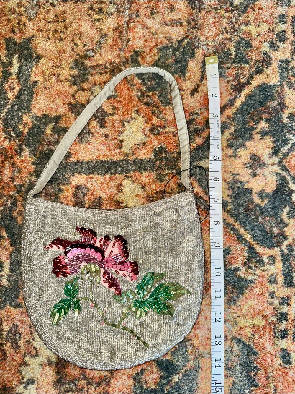 Zara Silver Beaded Shoulder Bag with Pink & Green Hummingbird Sequin - Picture 6 of 7
